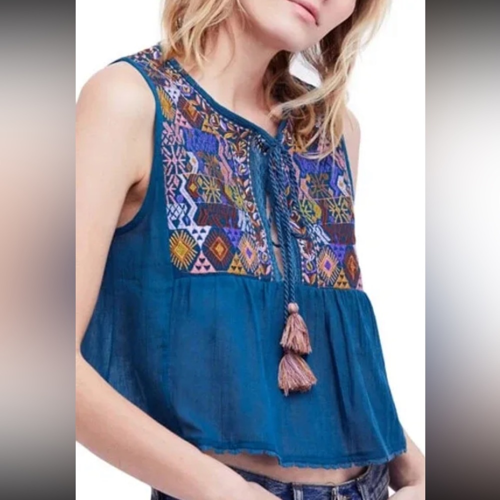 Free People Sleeveless Lohri Embroidered Teal Tank Boho Tassle Size M